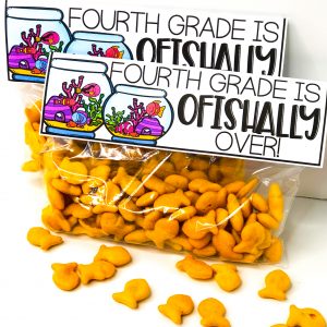 bags of goldfish crackers with tags that say fourth grade is ofishally over